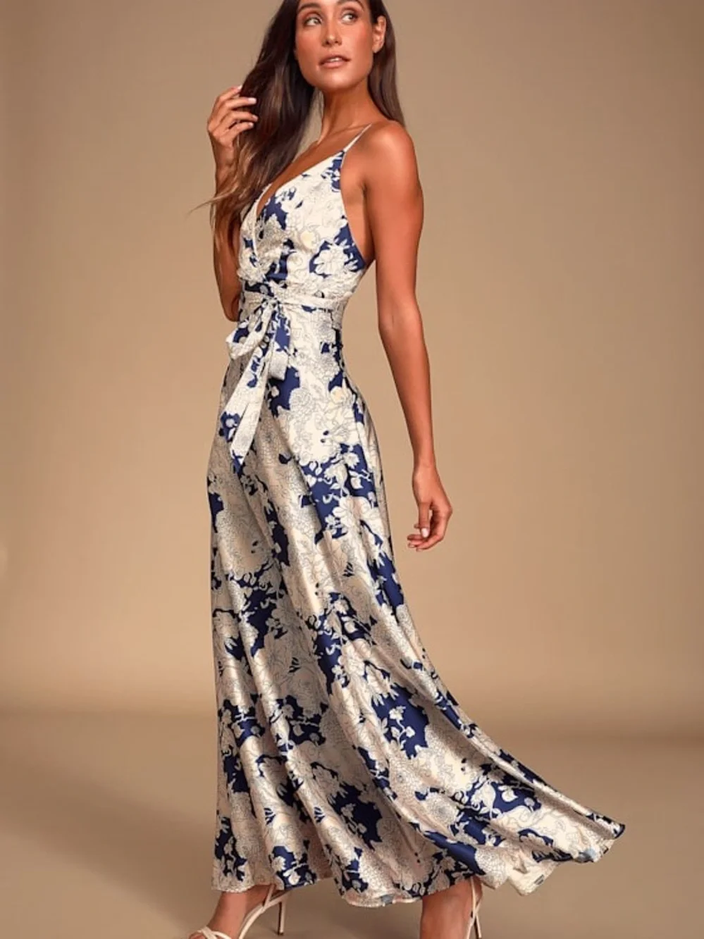 Lulu's Navy and Cream Floral Satin Maxi Dress with Waist Tie